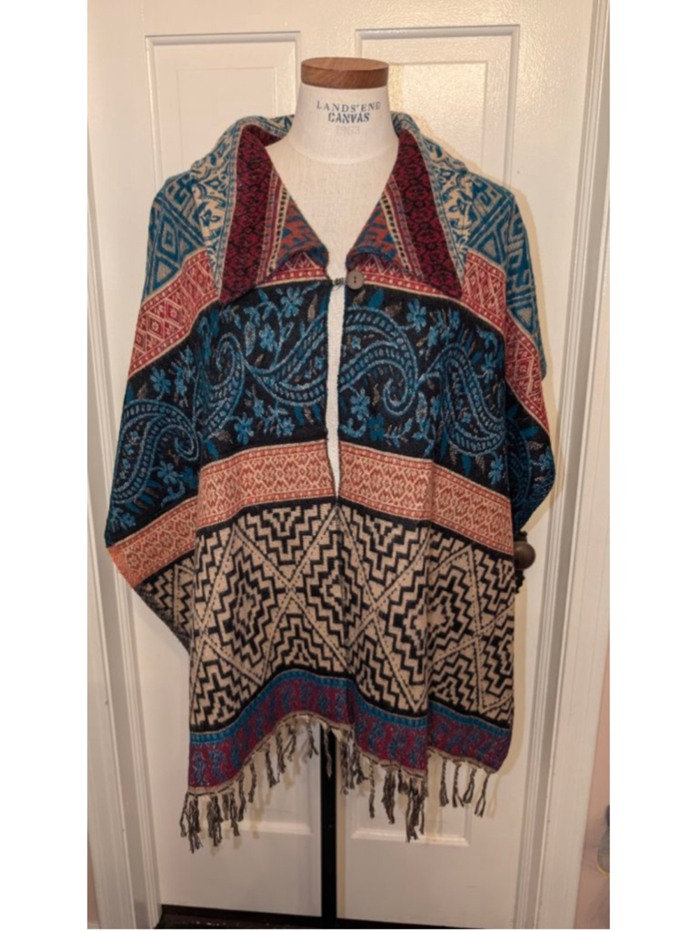 Women's Fashion Fuse Blue Beige Patterned Poncho M
